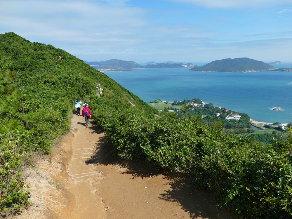 A look down a stretch of trail with fantastic views downhill to the ocean
