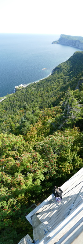 The observation deck and the Land's End peninsula seen in a tall panorama