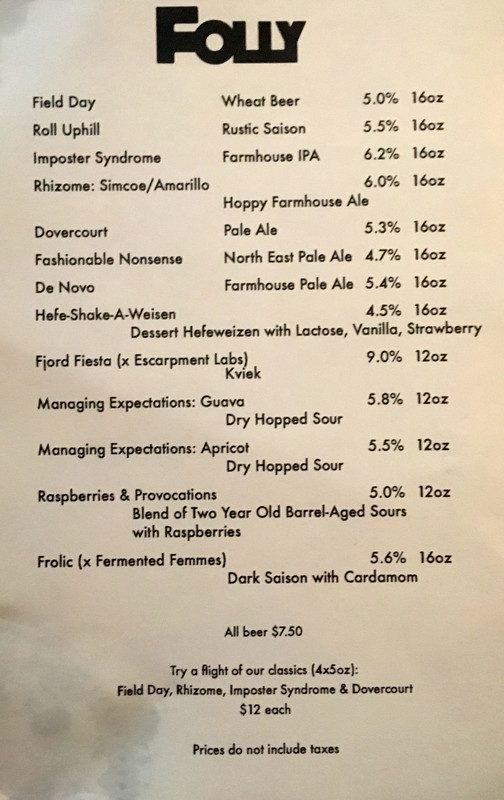the printed menu with about 10 beer selections