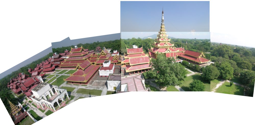 five photos patchworked together (badly) to show Mandalay Fort from the watchtower