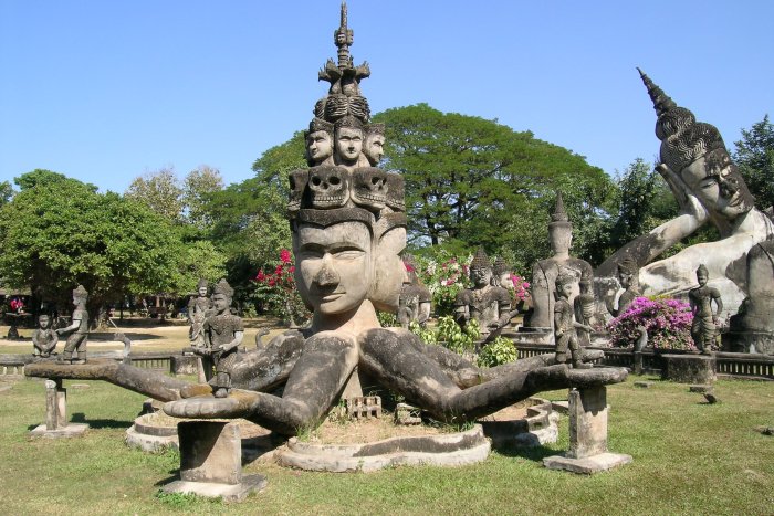 Bizarre sculptures mixing Buddhist and Hindu imagery.