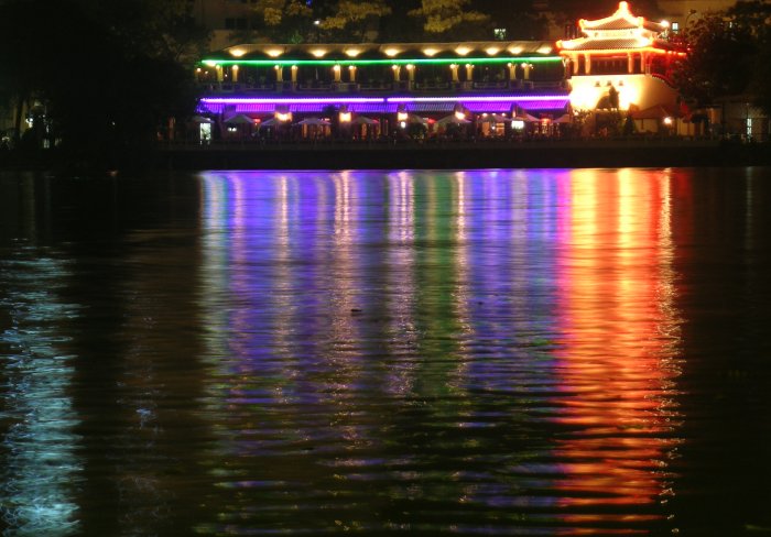 Night time reflections in Hoan Kiem Lake, Hanoi.