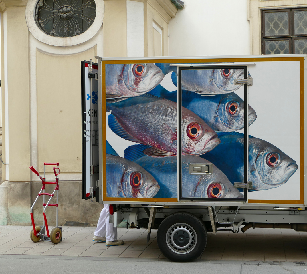 small truck with huge fish on the side, a pair of legs behind the truck door, and a red hand truck